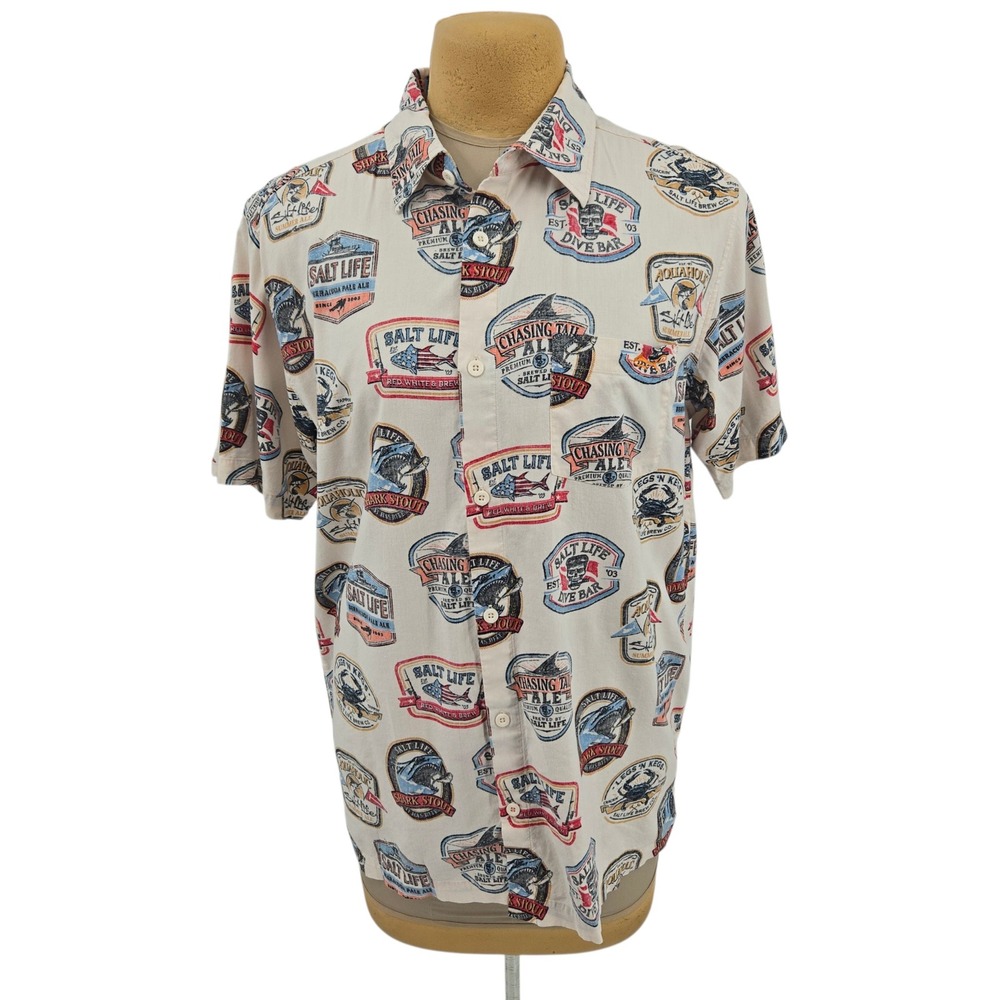 Salt Life Button Down Shirt Mens Large Beer Labels Shark Brew Beach Casual